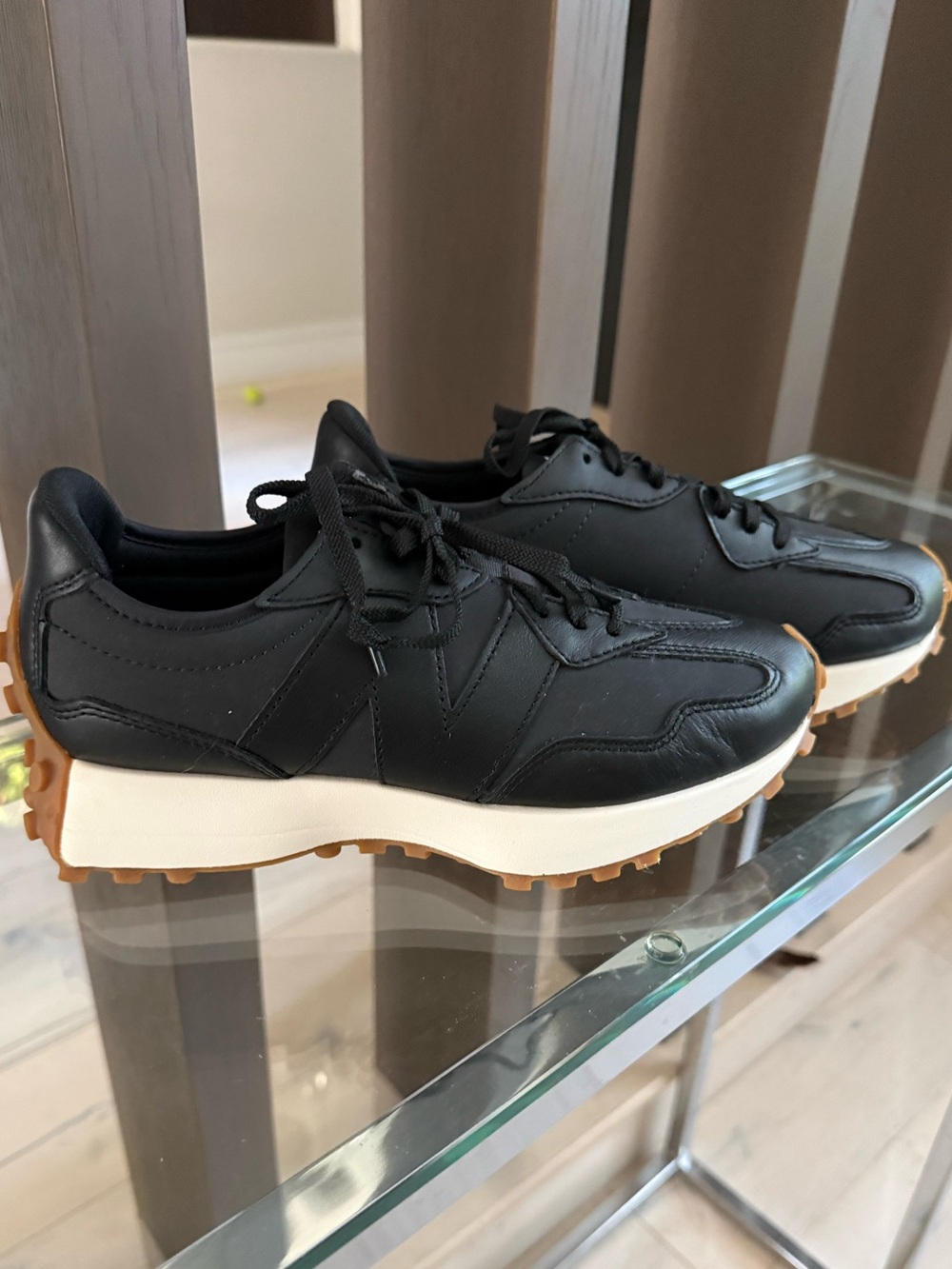 Ladies New Balance 327 Black Leather Sneakers
